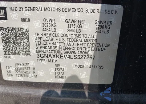 2020 Chevrolet Equinox Fwd Lt 1.5L Turbo z USA, uszkodzony, nr VIN 3GNAXKEV4LS527267